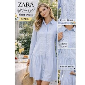 ZARA Women's Shirt Dress Sz L Light Blue Eyelet Embroidered Button Front Casual